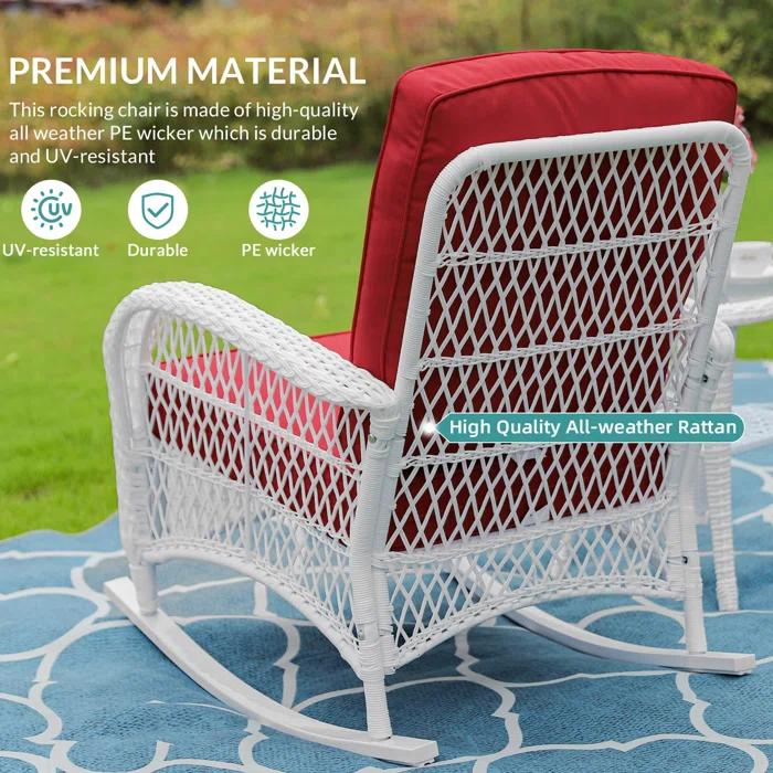 Beachcrest Home™ Beachcrest Home Outdoor Wicker Rocking Chairs Set Of 2, Rattan Patio Rocker Chairs With Thick Cushions And High Back, All-Weather Patio Wicker Chair With Safe Rocking Design For Garden, White Wicker