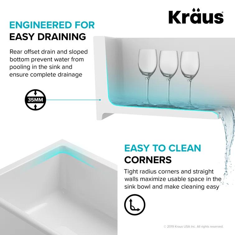 KRAUS Turino™ Reversible 33-inch L Fireclay Farmhouse Flat Apron Front Single Bowl Kitchen Sink with Bottom Grid