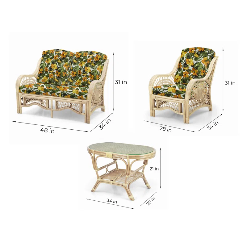 Bay Isle Home™ Malibu Lounge Set Of 4: 2 Natural Rattan Wicker Chairs, Loveseat And Coffee Table W/Glass Handmade, Natural Color