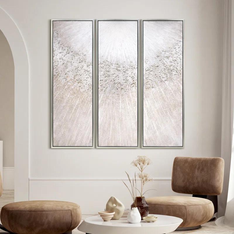 Empire Art Direct Silver Radiant Trio Textured Glitter Hand Painted Framed Canvas Wall Art with Silver Leaf