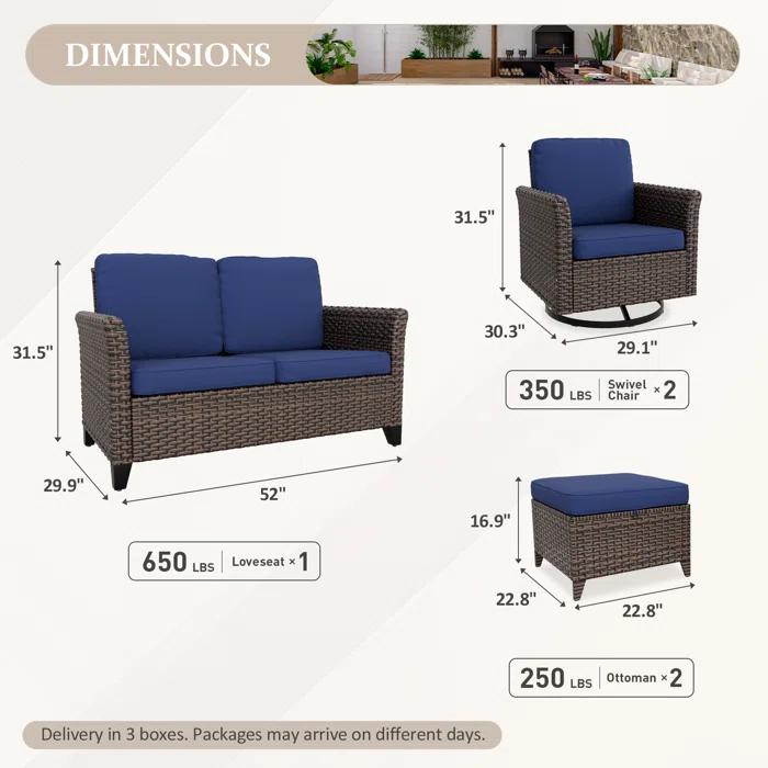 EAGLE PEAK 5-Piece Spacious Seating Swivel Chair Seating Group Patio Multi-brown Wicker Rattan Loveseat Sofa Set with Cushions