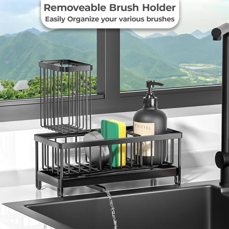 WKING Stainless Steel Kitchen Sink Caddy Organizer With Draining Tray, Rustproof Sponge Holder For Sink, Adjustable Compartments, Space-Saving Design