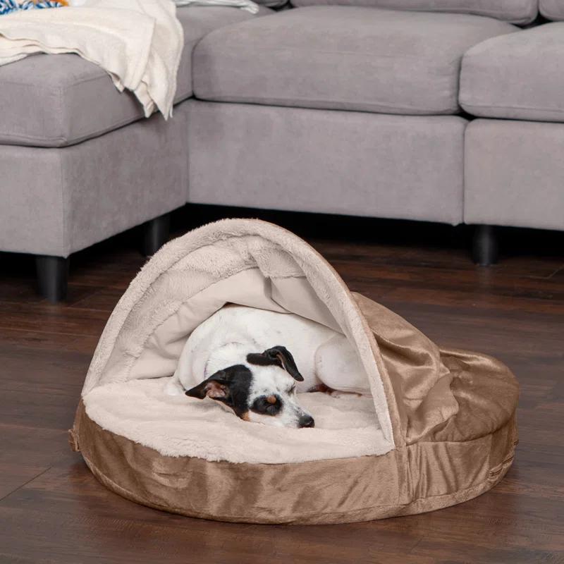 FurHaven Wave Fur & Velvet Snuggle Cave Orthopedic Hooded Dog Bed