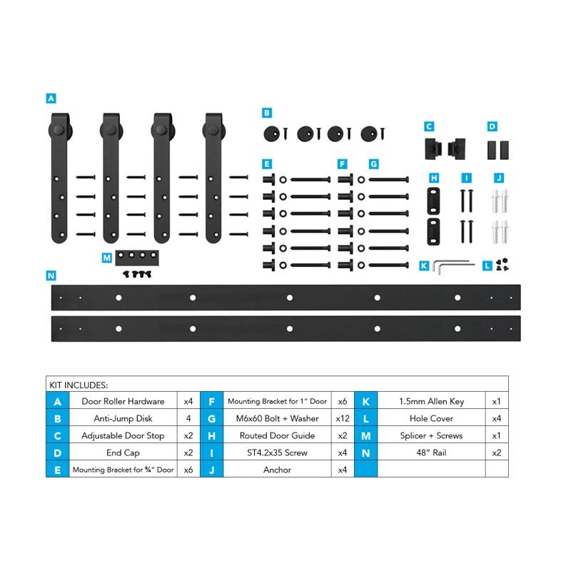 American Pro Decor 8 ft Solid Steel Mini Sliding Rolling Barn Door Hardware Kit for Double Wood Doors (2-Piece)