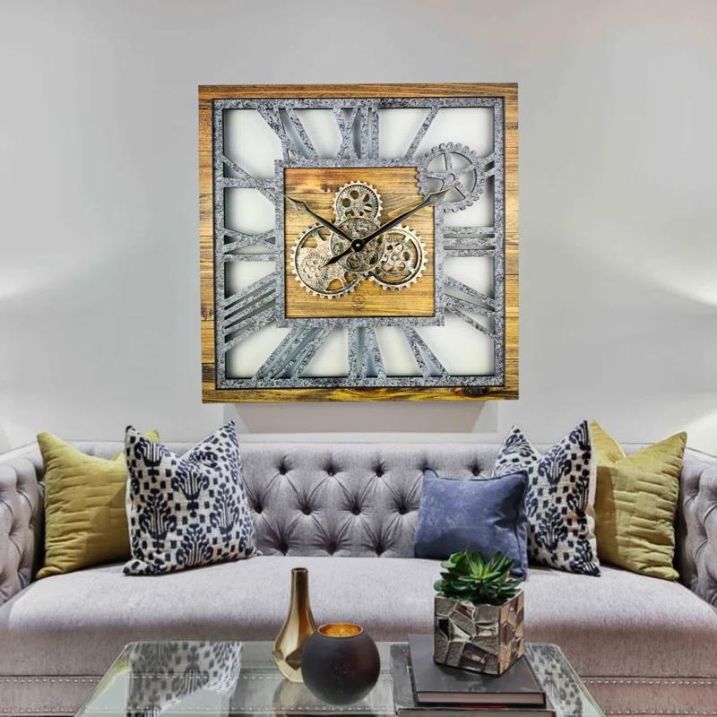 Wall Clock 24" Square Oversized for Living Room decor with Real Moving Gears America Collection
