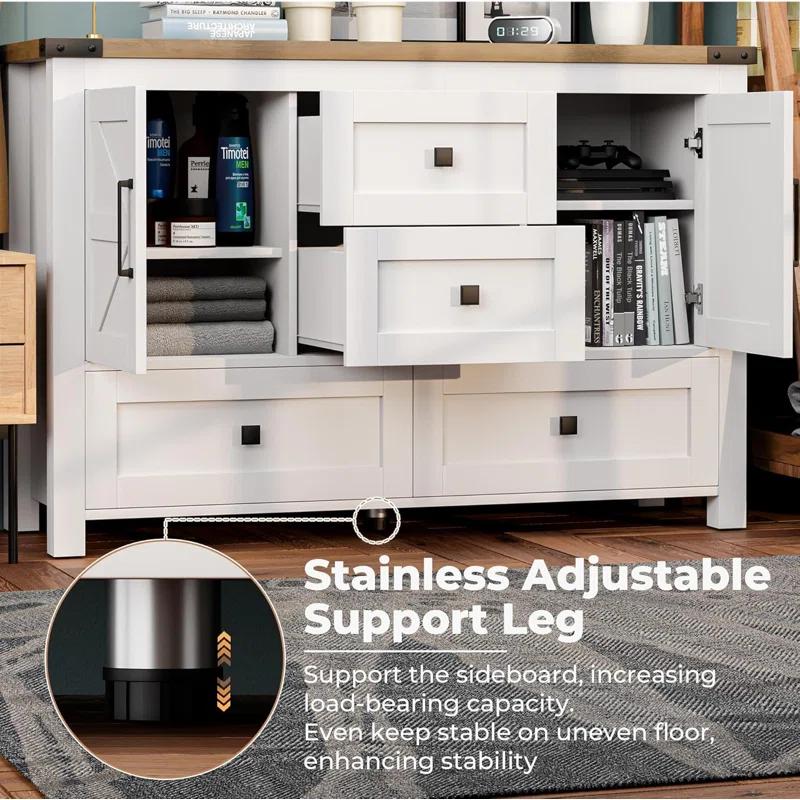 Gracie Oaks Farmhouse Dresser For Bedroom With 4 Drawers And 2 Barn Doors, Wood Chest Of Drawers 47 Inch Wide, Large, Long, Adjustable Shelves, 5 Legs, Living Dining Room, Entryway, Hallway