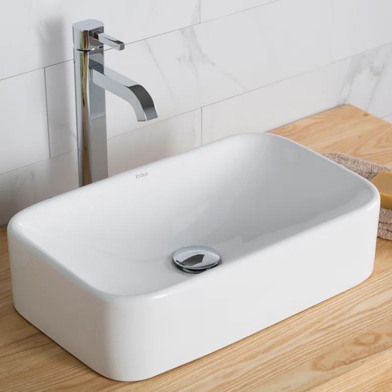 Kraus C-KCV-122-1007CH Ceramic Rectangular Vessel Bathroom Sink with Faucet