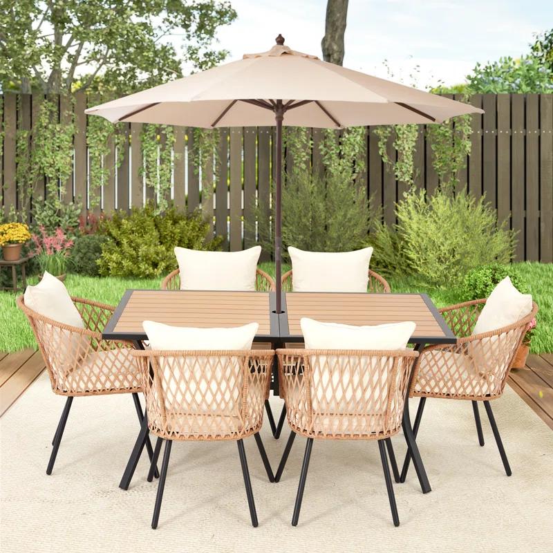 EROMMY 7 Piece Outdoor Dining Table Set, Patio Table And Chairs Set With 6 Rattan Chairs, Rectangular Table With Umbrella Hole, All-weather Patio Furniture For Backyard, Lawn, Garden