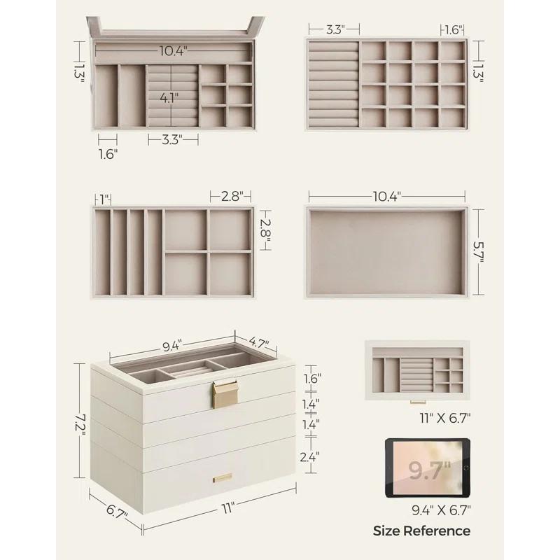 Latitude Run® Stackable Jewelry Trays, 4-Tier Jewelry Box, Drawer Jewelry Organizer, With Glass Lid, Removable Dividers, For Vanity Table, 6.7 X 11 X 7.2 Inches, Cloud White