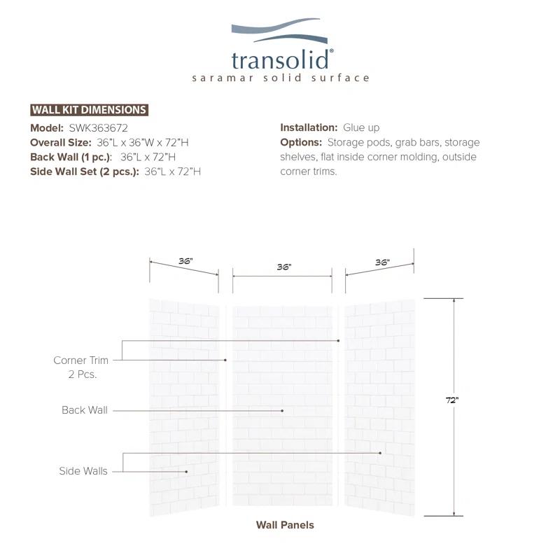 Transolid SaraMar 36'' W 36'' D 72'' H Glue Up Solid Surface Wall