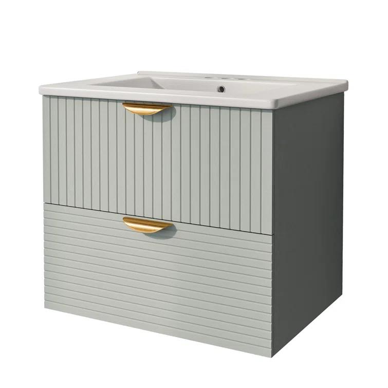Tryimagine Modern 24-Inch Wall-Mounted Bathroom Vanity With 2 Drawers, Green - Ideal For Small Bathrooms