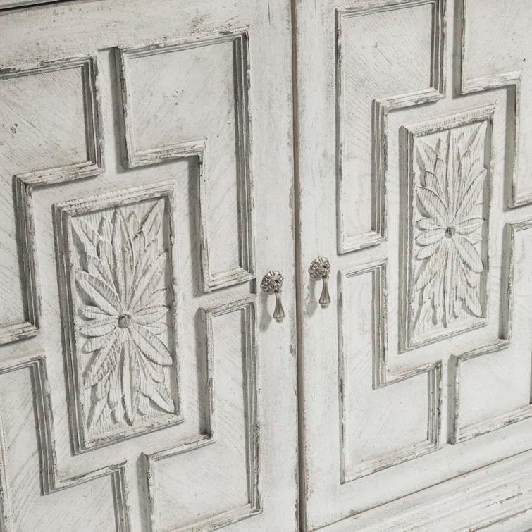 Pulaski Furniture 4 Door Rosette Carved Entertainment Credenza in Distressed White