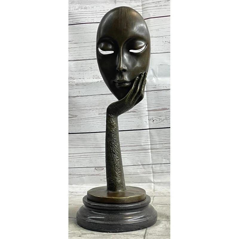 Red Barrel Studio® Tekira Abstract Surreal Bronze Floating Female Face Mask Original Art Sculpture on Marble Base