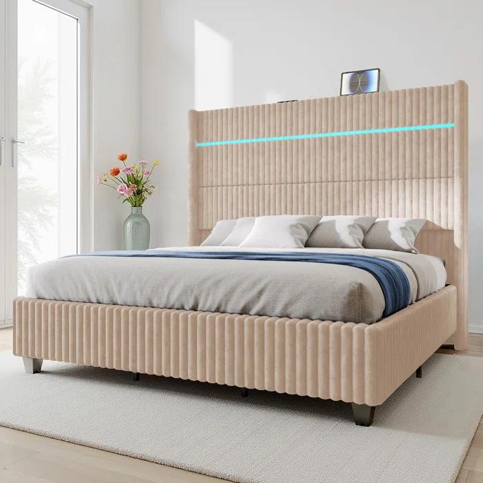 Ivy Bronx LED Bed Frame, Corduroy Upholstered Platform with 60" Tall Headboard & Charging Station