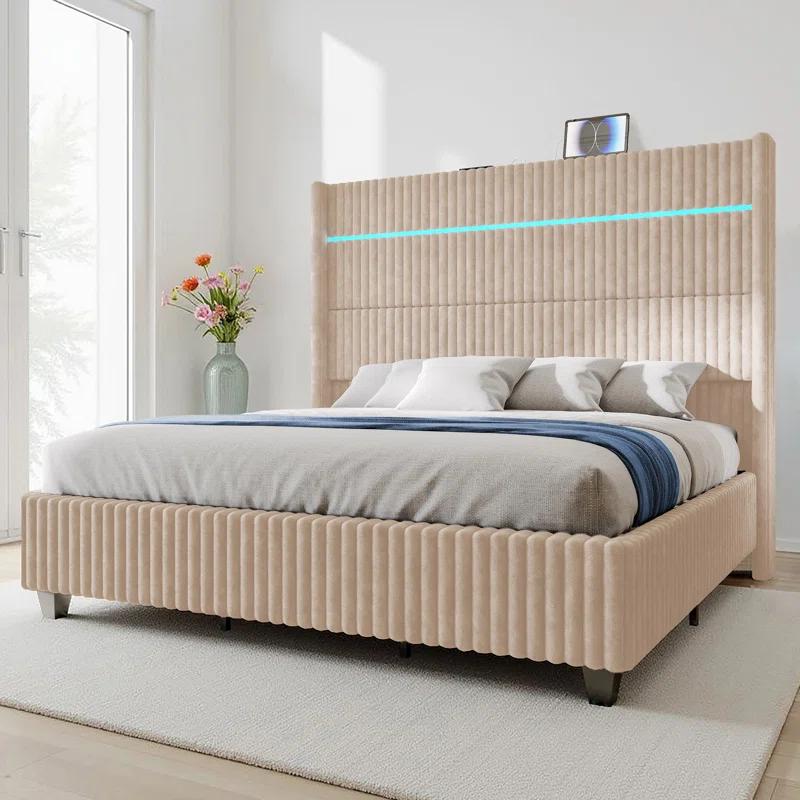 Ivy Bronx LED Bed Frame, Corduroy Upholstered Platform with 60" Tall Headboard & Charging Station