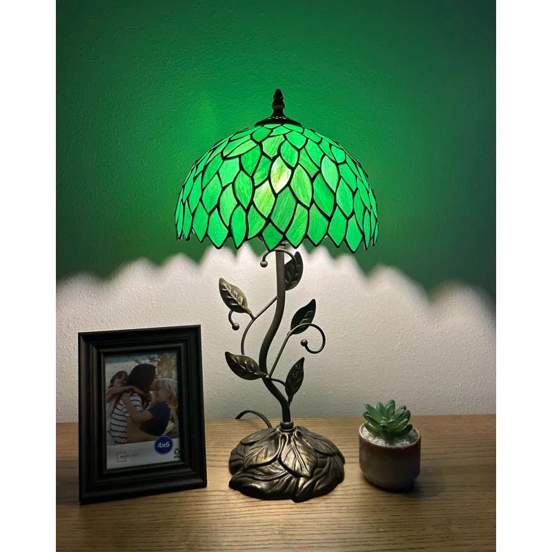 Bloomsbury Market Dejean Tiffany Table Lamp Green Leaves Stained Glass Included LED Bulb 20"H*10"W*10"D
