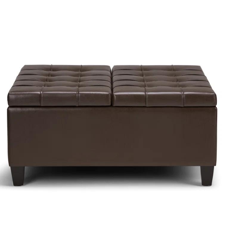 Simpli Home Harrison 36"W Upholstered Square Coffee Table Storage Ottoman with Split Lift Top