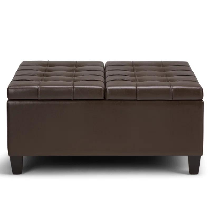 Simpli Home Harrison 36"W Upholstered Square Coffee Table Storage Ottoman with Split Lift Top