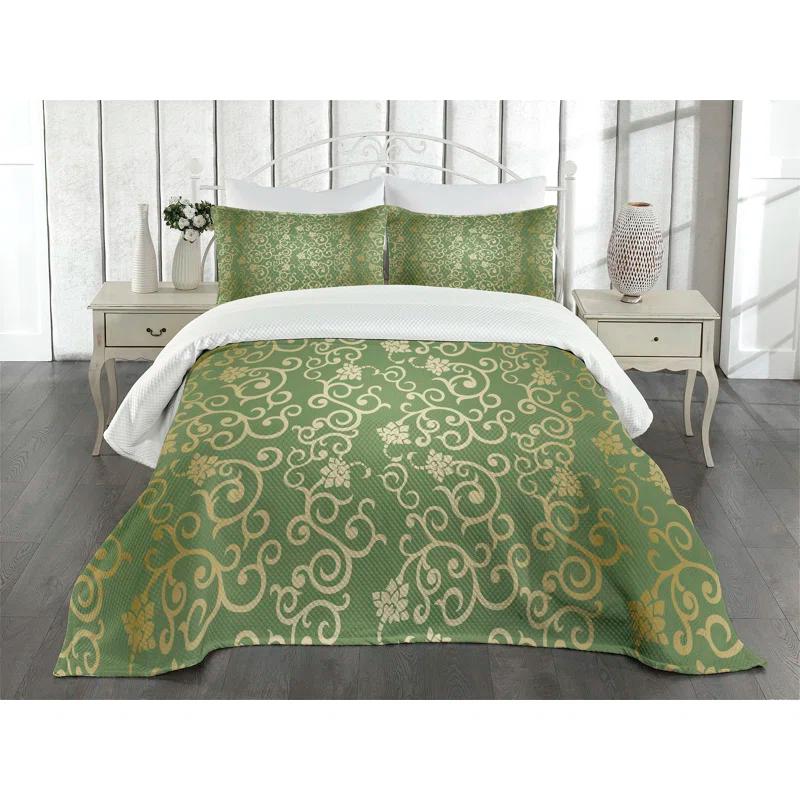 Ambesonne Green and Yellow Bedspread Set 3 Pcs Floral Curls Queen Green Yellow