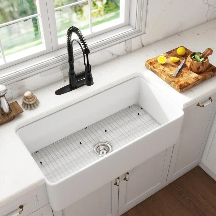 CASAINC CASAINC Single Bowl White Fireclay Farmhouse Kitchen Sink With Faucet Included KCSL0035-36W22M