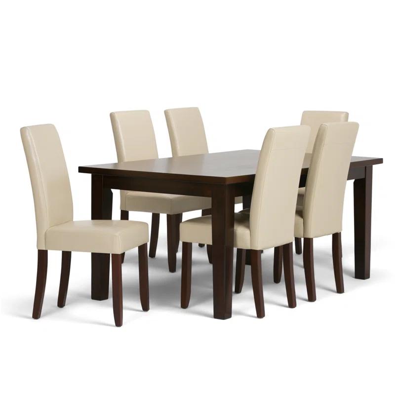 Simpli Home Acadian 7-Piece Dining Set with Solid Hardwood Table and 6 High-Back Upholstered Chairs