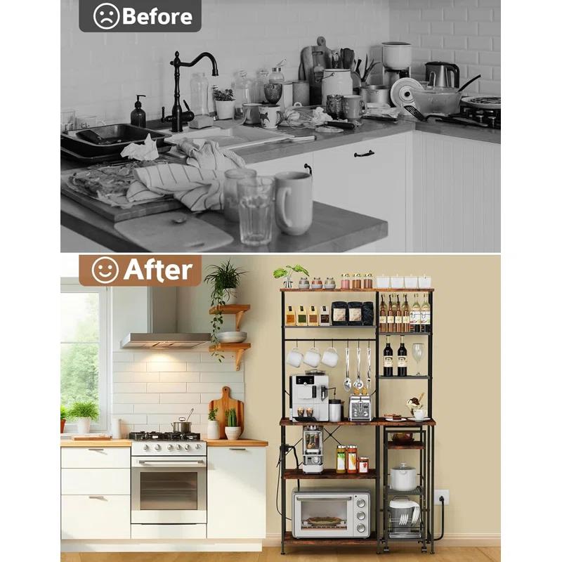 17 Stories Bakers Rack With Mobile Kitchen Utility Shelf ,Adjustable Height, Multi-Compartment Storage With Power Outlet ,6 Hooks For Bread Machines, Coffee Bar, Microwave Stand, Rustic Brown And Black
