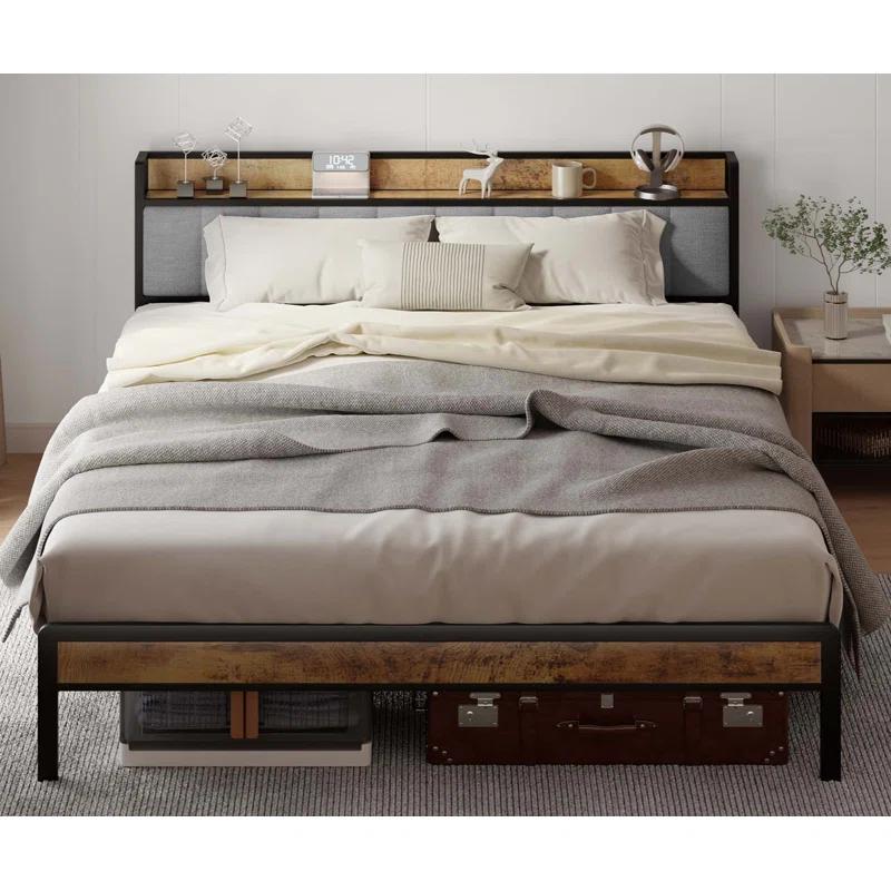 17 Stories Kewarra Platform, Metal Bed Frame with Storage Headboard, Sturdy and Stable