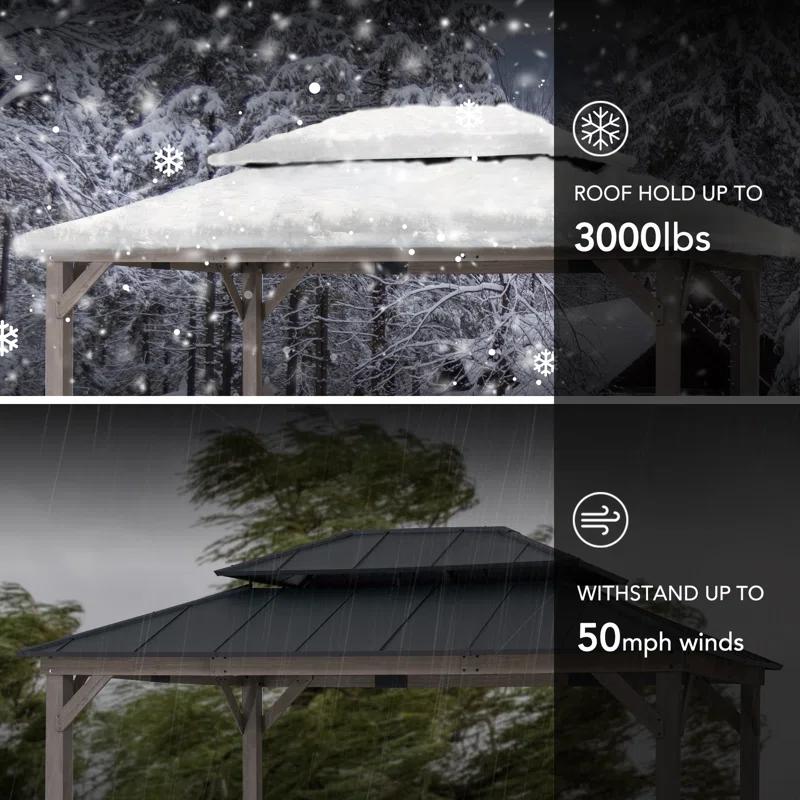 Sunjoy 12x16 ft. Wood Gazebo, Outdoor Patio Steel Hardtop Gazebo, Cedar Framed Wooden Gazebo with 2-tier Metal Roof