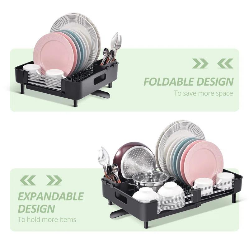 EDGAR'S FURNITURE MANUFACTURING INC Dish Drying Rack For Kitchen Counter, Extendable Dish Rack With Drainboard, Collapsible Dish Strainer With Cutlery Holder, Foldable Home Countertop Plate Storage Rack