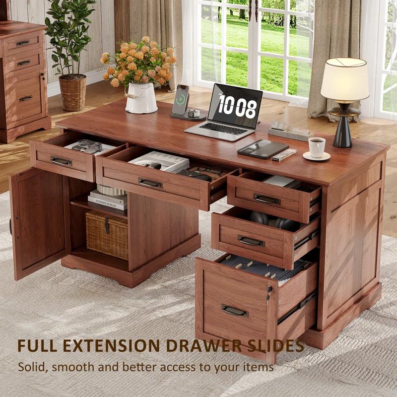 August Grove® Clabe 55'' Farmhouse Executive Desk with Drawers, File Cabinet and Power Outlets