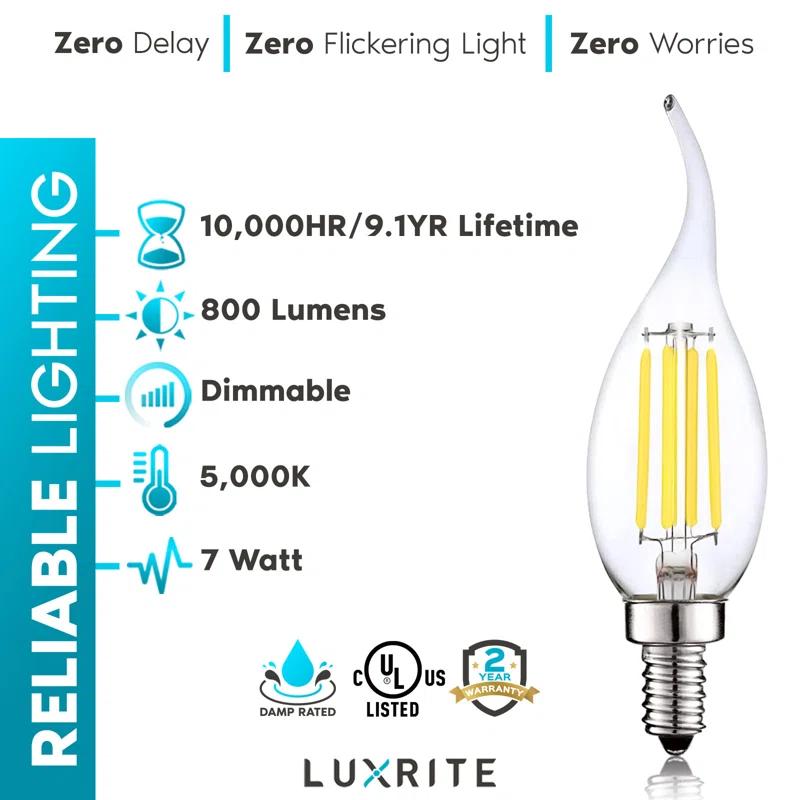 Luxrite LR21639-6PK 7 Watt (100 Watt Equivalent), CA11 LED, Dimmable, Natural White (3500K), E12/Candelabra Base