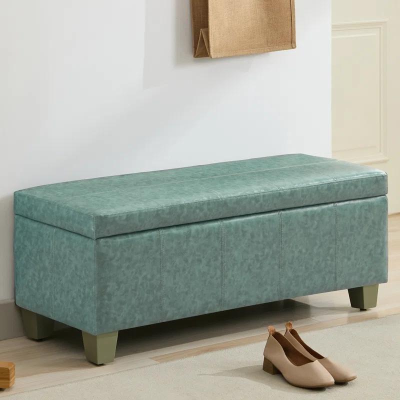 Ebern Designs Faux Leather Storage Ottoman, Rectangle Upholstered End Of Bed Storage Bench,  Stitch Tufted Bedroom Bench With Storage, Entryway Large Storage Ottoman With Wooden Legs