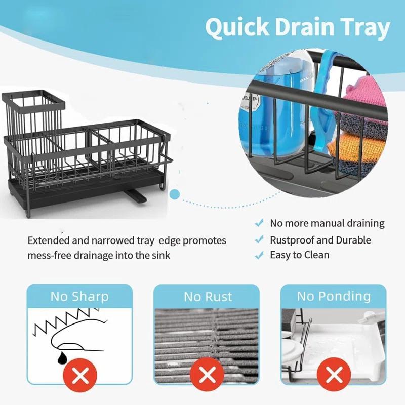 WKING Stainless Steel Kitchen Sink Caddy Organizer With Draining Tray, Rustproof Sponge Holder For Sink, Adjustable Compartments, Space-Saving Design