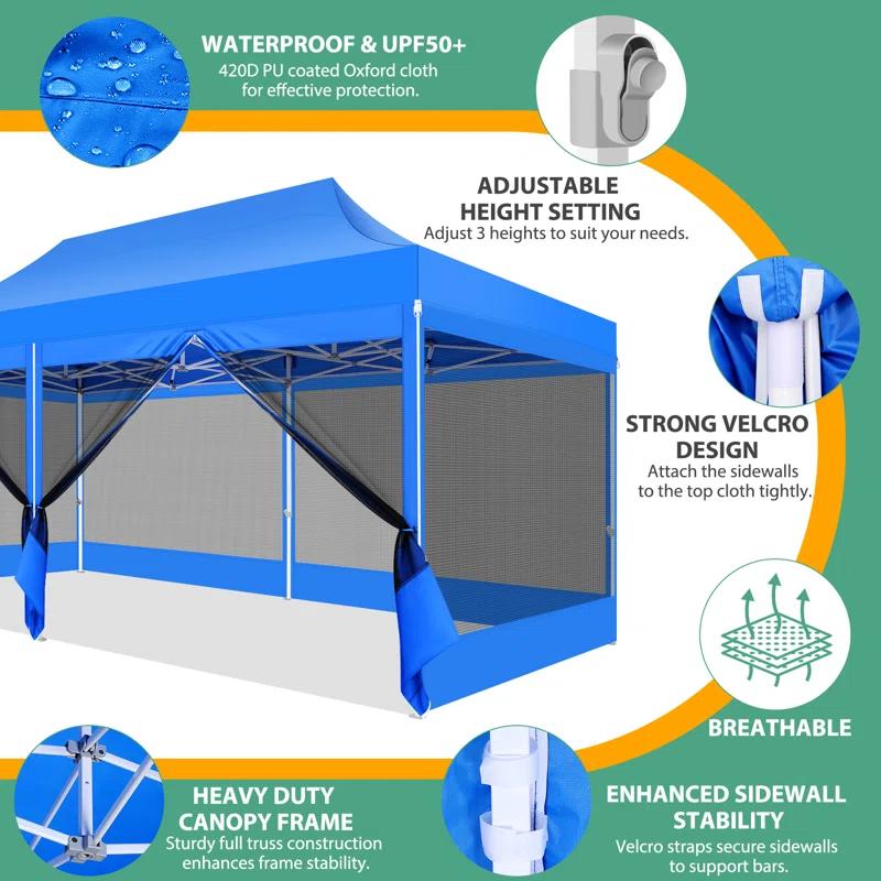 Cobizi 10x20 Canopy Tent, Heavy Duty Pop up Canopy with Sidewalls, Waterproof Easy Setup Canopy with Mosquito Netting, Outdoor Instant Screen Tents for Parties, Wedding, Backyard with Carry Bag