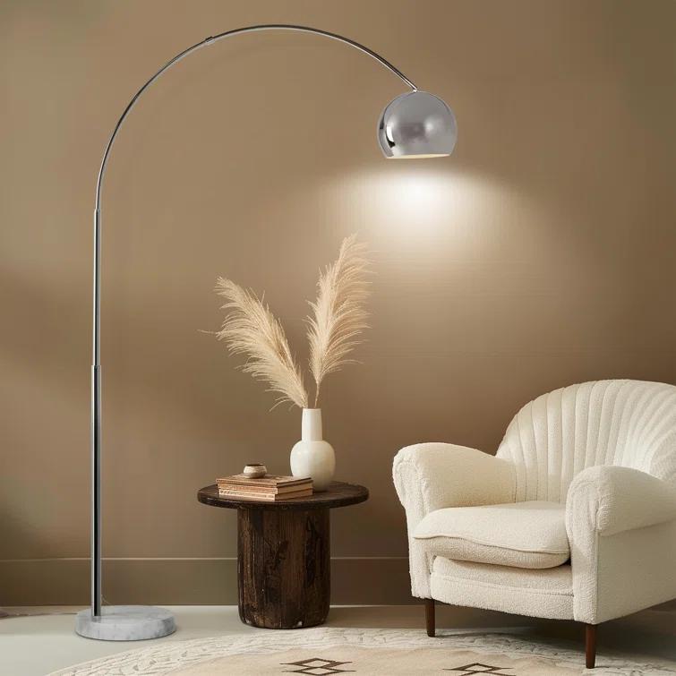 Brightech Olivia 75" Modern Industrial LED Arc Floor Lamp with Silver Chrome Finish, White Marble Base, and Metal Bowl Shade, Bulb Included
