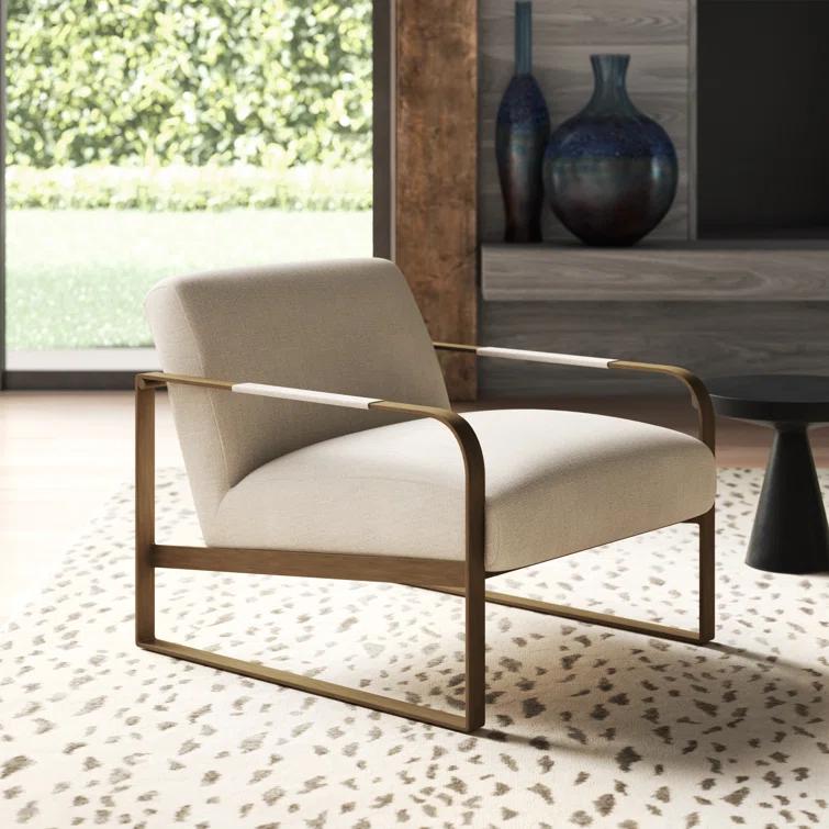 Modern Minimalist Black and Cream Leather Accent Chair with Metal Frame