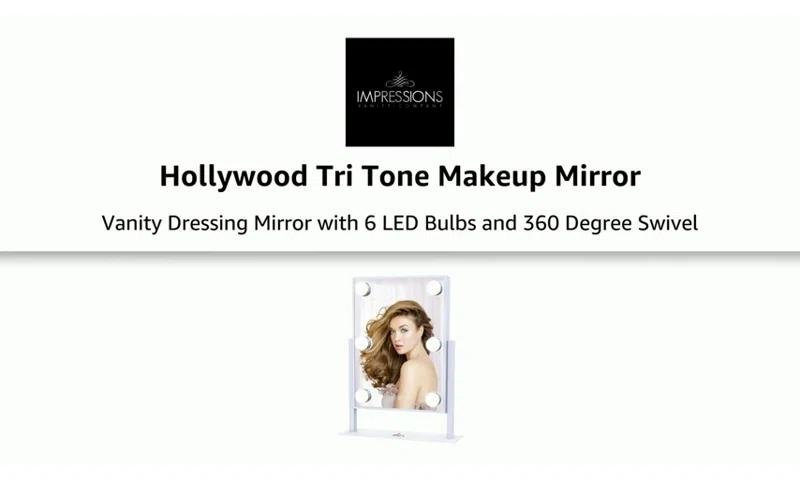 IMPRESSIONS VANITY · COMPANY Hollywood Tri Tone Makeup Mirror with 6 LED Bulbs and 360 Degree Swivel, Soft Touch Sensor Dimmer Switch