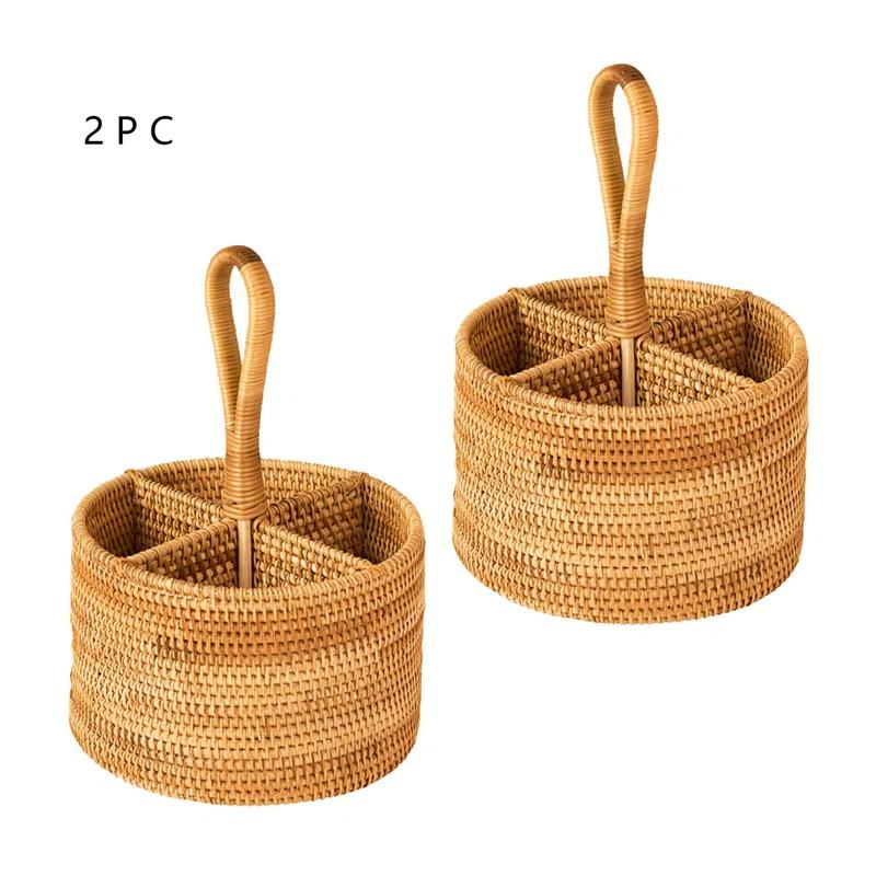 Stack man 2 Pack Rattan Round Condiment Carrier Cooking Utensil Caddy Holder- 4-Compartment Handmade Flatware Organizer Silverware Caddy For Tabletop,Parties, Cooking Utensil Condiment Organizer