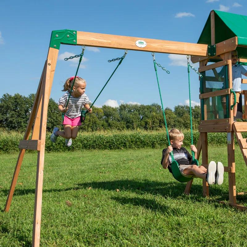 Backyard Discovery Buckley Hill Cedar Wood Swing Set with Wave Slide, Play Deck, Rock Wall Ladder, and Chalkboard & Reviews | Wayfair