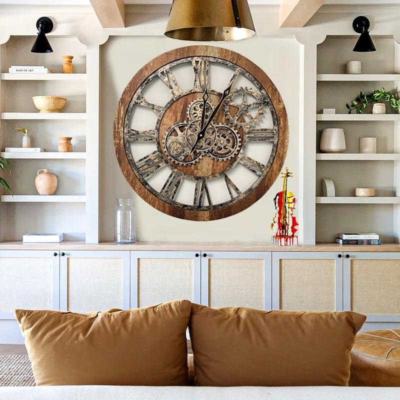 Wall Clock 24" Round Oversized for Living Room decor with Real Moving Gears America Collection