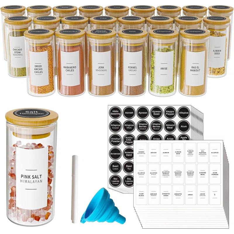SpaceAid 24-Piece Spice Jar Set with Bamboo Lids and Labels, Empty 4oz Glass Bottles, Minimalist Farmhouse Style Stickers, Funnel, and Seasoning Containers for Spice Racks, Cabinets, and Drawers