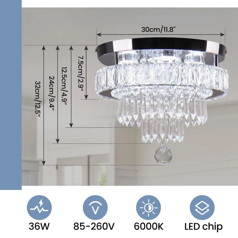 House of Hampton® House of Hampton® 11.8" Crystal Chandeliers Modern Crystal Ceiling Light LED Chandeliers Semi Flush Mount Chandelier Light for Bedrooms Dining Living Room Hallway (6500K Cool White Light)