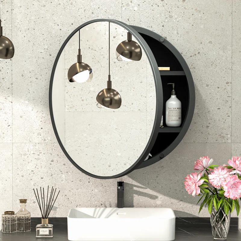 keonjinn WF-JSKJG-YX-R50-bk Gervon Round Wall Mounted Medicine Cabinet with Shelves