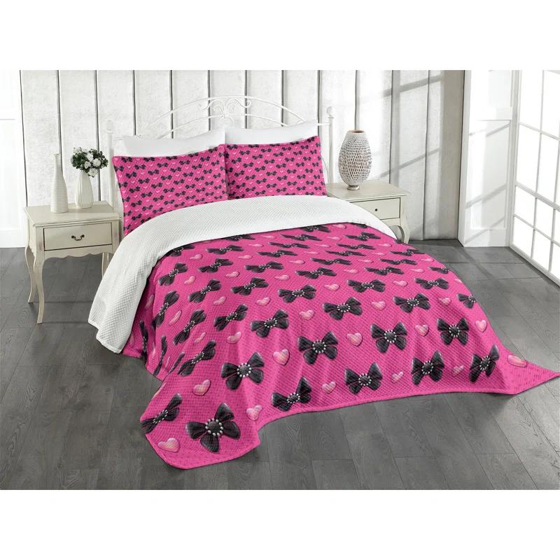 Ambesonne Pearls Bedspread Set Bow Ties with Hearts Pink Black