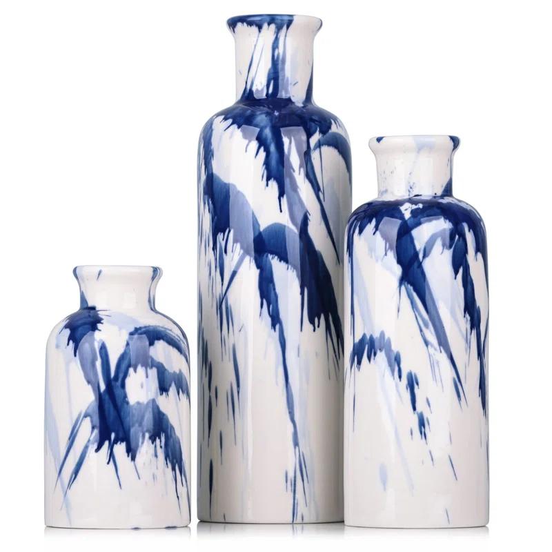 Orren Ellis Blue Ceramic Vase Set Of 3 - Decorative Navy Blue And White Vase For Centerpieces, Farmhouse And Home Decor - Ideal For Living Room, Kitchen, Bedroom, Dining Table And Office Decor