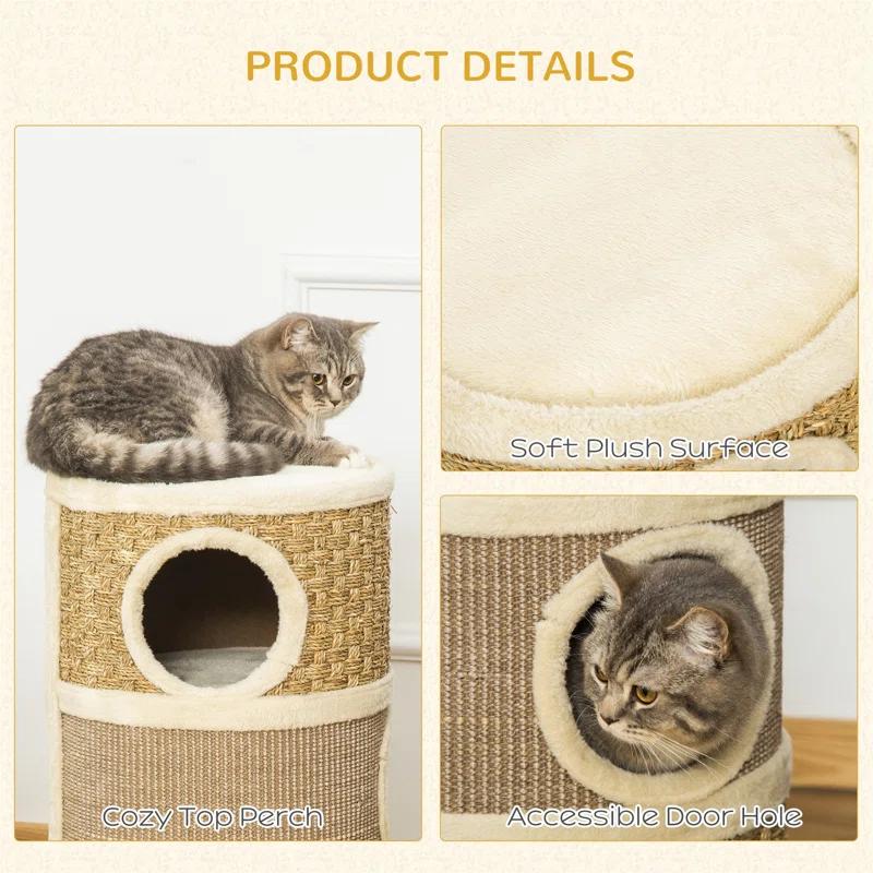 George Oliver 28 Inch Cat Condo, 3 Story Cat Hideaway with Sisal Scratching Pad, Barrel Shaped Small Cat Tree