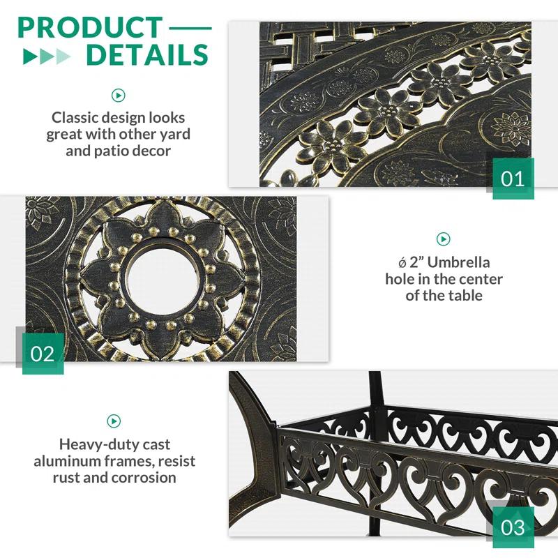 Wildon Home® Wildon Home® 7-piece Outdoor Furniture Dining Set, All-weather Cast Aluminum Patio Conversation Set, Include 6 Swivel Dining Chairs And A Rectangle Table With Umbrella Hole, khaki/green Cushion