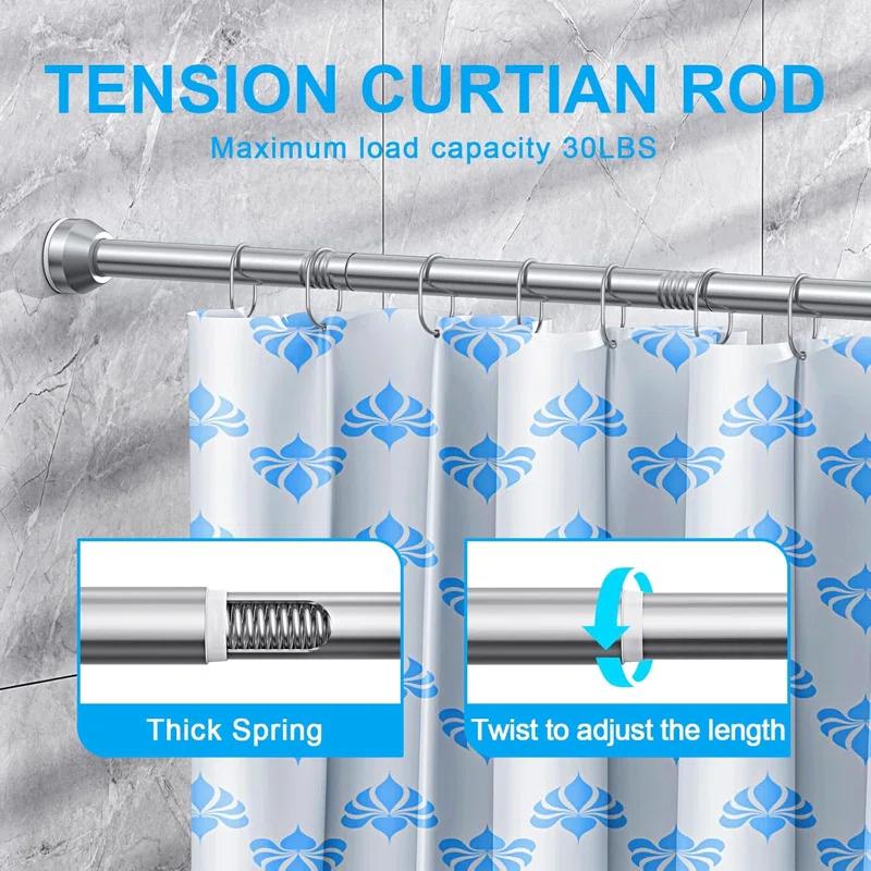 OUMIKEJI Shower Curtain Rod, 27-76 Inch Adjustable Tension Spring, Shower Curtain Rod Tension, Premium Stainless Steel, Anti-Slip, No Drilling, No Rust, For Bathroom, Silver
