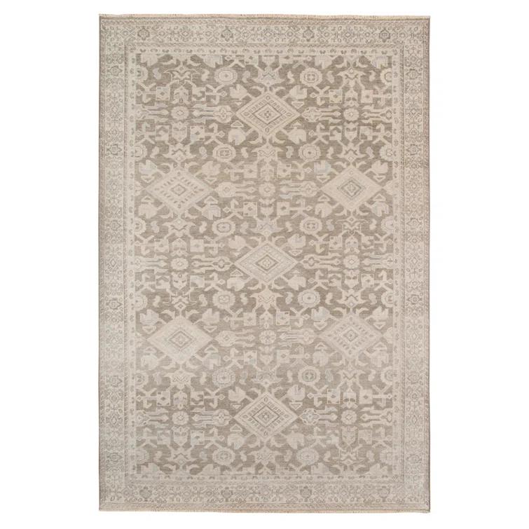 Reversible Taupe Hand-Knotted Wool & Viscose Accent Rug with Faded Embellishment