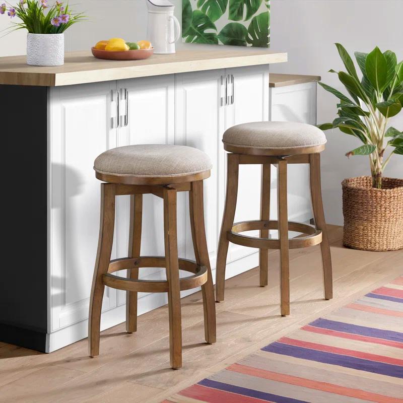 Alaterre Ellie Upholstered Swivel Bar Stool Chairs with Padded Seat and Back, Rubberwood Frame with Metal Kick Plate